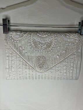 Bridal White Beaded Envelope Clutch with Gold Chain Strap